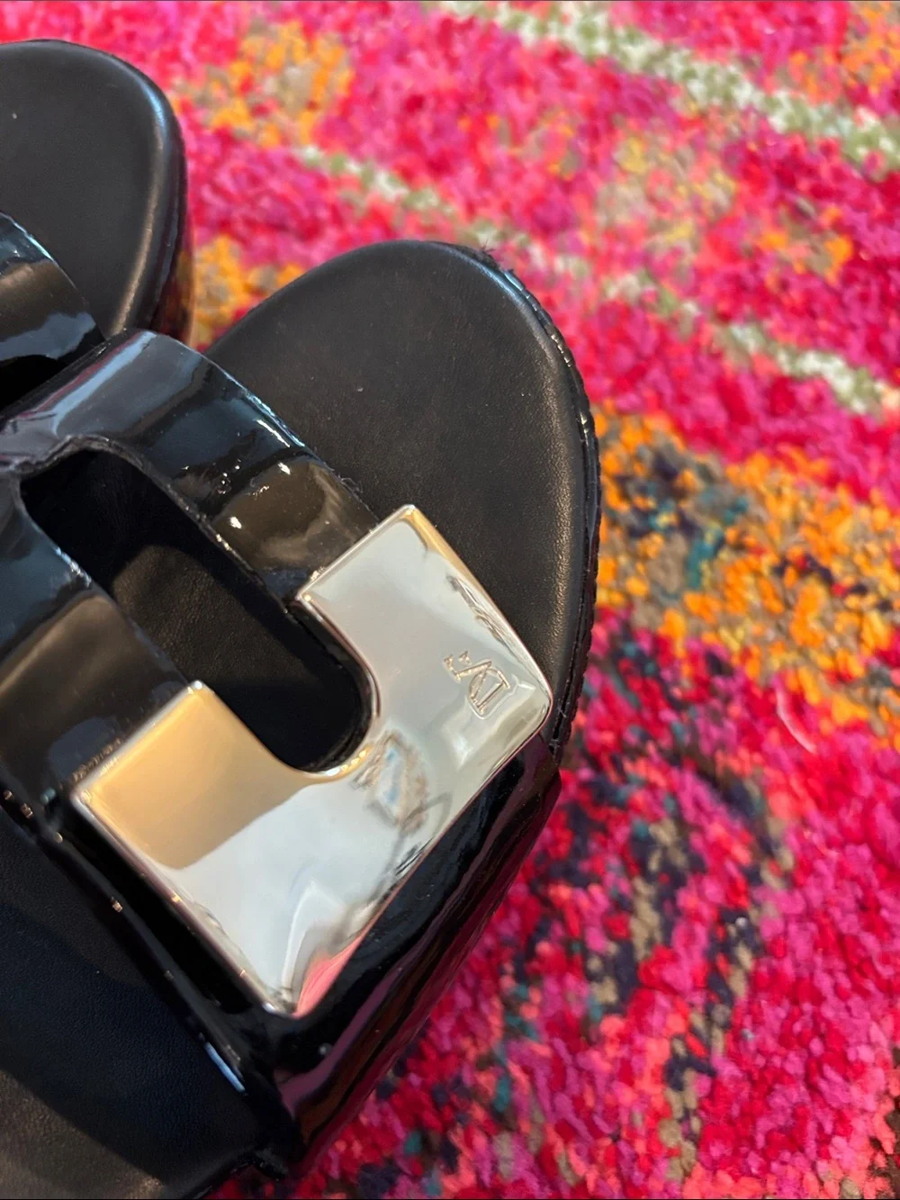 Diane Von Furstenberg Black Patent Slide Sandals with Gold Buckle - Kids